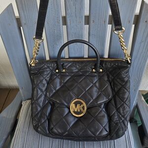 Michael Kors Black Fulton Quilted Shoulder Bag 14x12x4.5 wGold Accents Good Cond